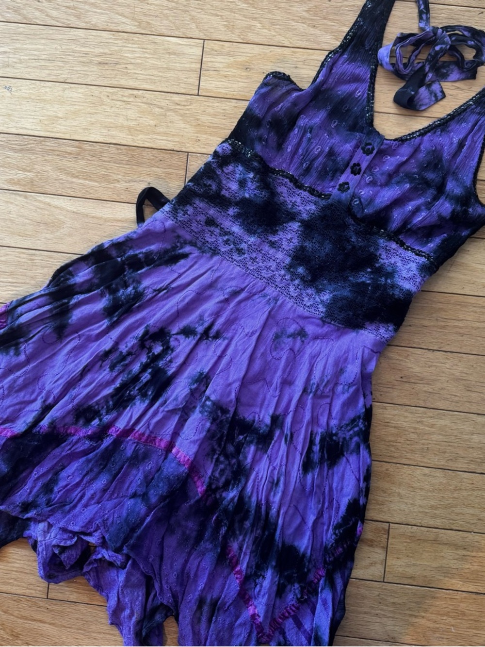 Fairycore Purple Tie Dye Handkerchief Dress Festival Boho Lace Mini